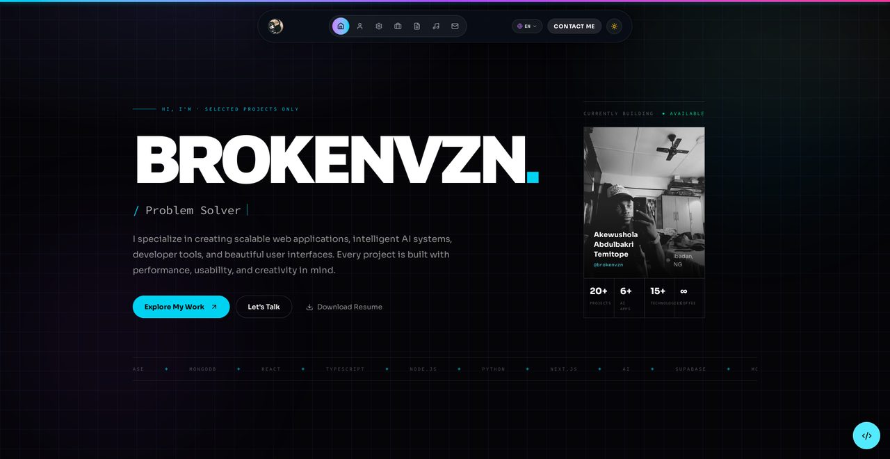 BROKENVZN portfolio &mdash; live site screenshot