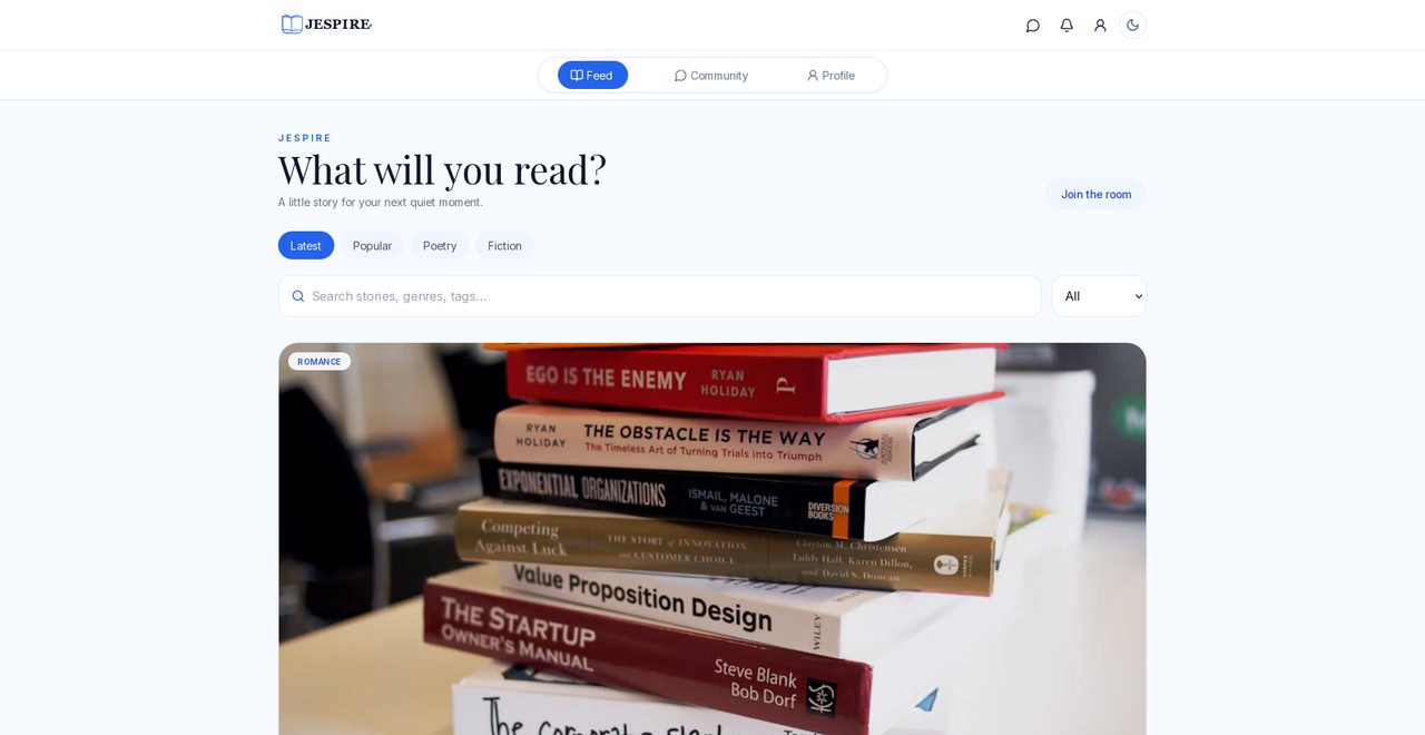 Jespire Stories feed &mdash; live site screenshot
