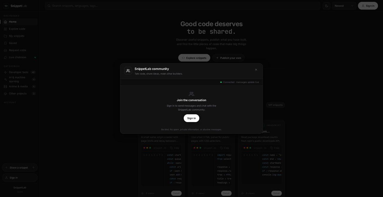SnippetLab &middot; chatroom &mdash; live site screenshot
