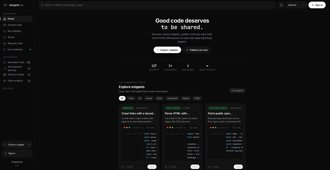 SnippetLab &mdash; live site screenshot
